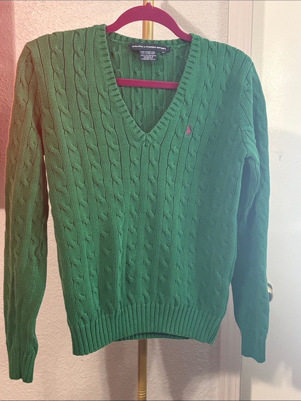 Ralph Lauren Emerald Green Cable-Knit V-Neck Sweater